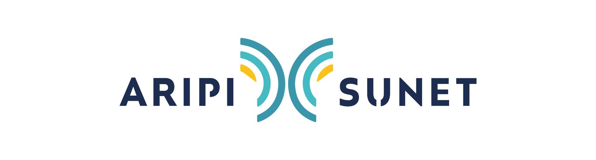 The Aripi și Sunet logo: the name in navy, split by the symbol of concentric turquoise and yellow arcs that recall a butterfly’s wings and the waves of a sound