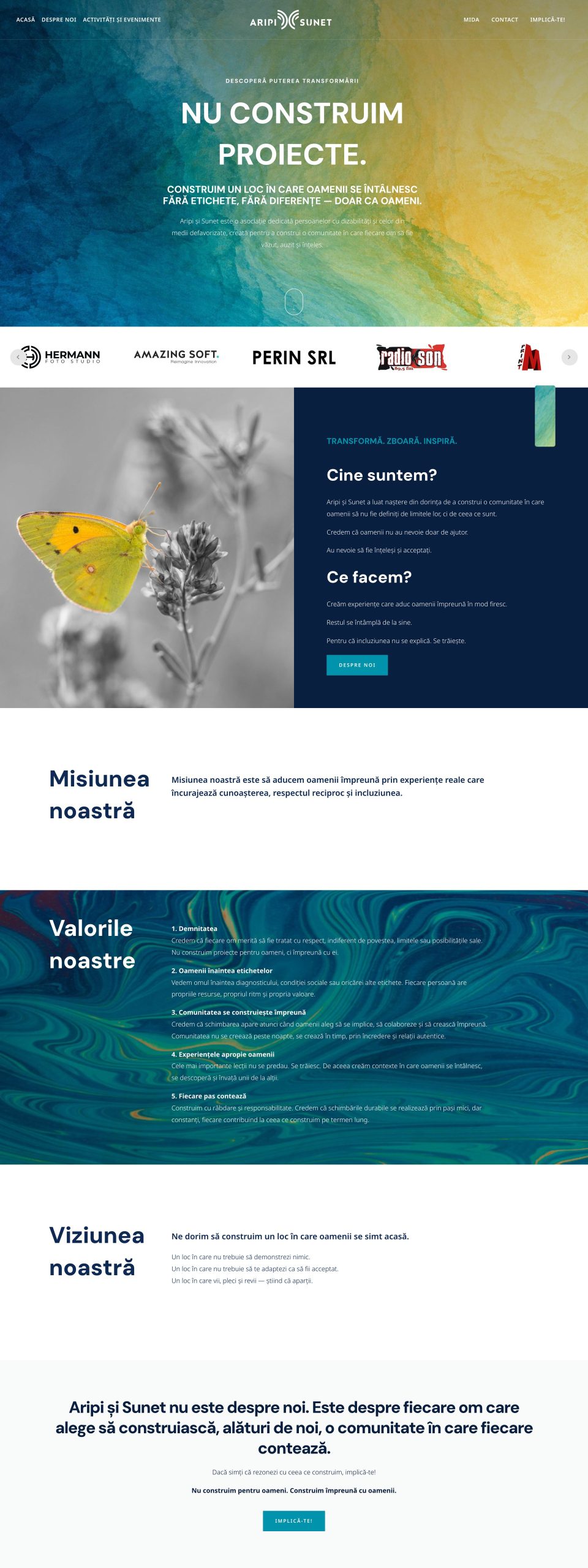 The aripisisunet.ro home page: the headline “Nu construim proiecte.” on a blue and yellow watercolour background, the partners and the “Who we are”, “Our mission”, “Our values” and “Our vision” sections