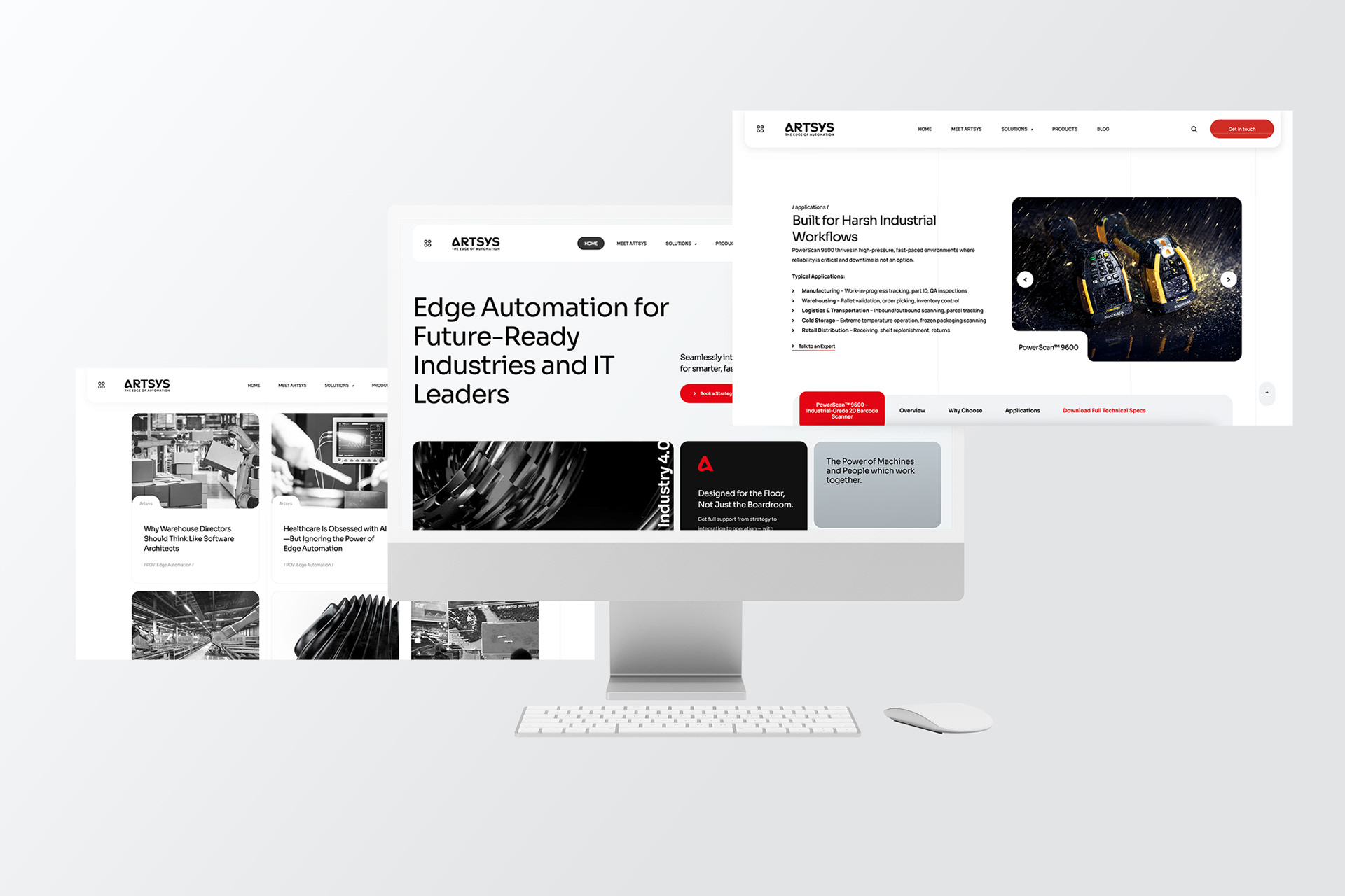Three pages of the Artsys website on a desktop monitor: the home page, “Edge Automation for Future-Ready Industries and IT Leaders”, a product page and the blog articles
