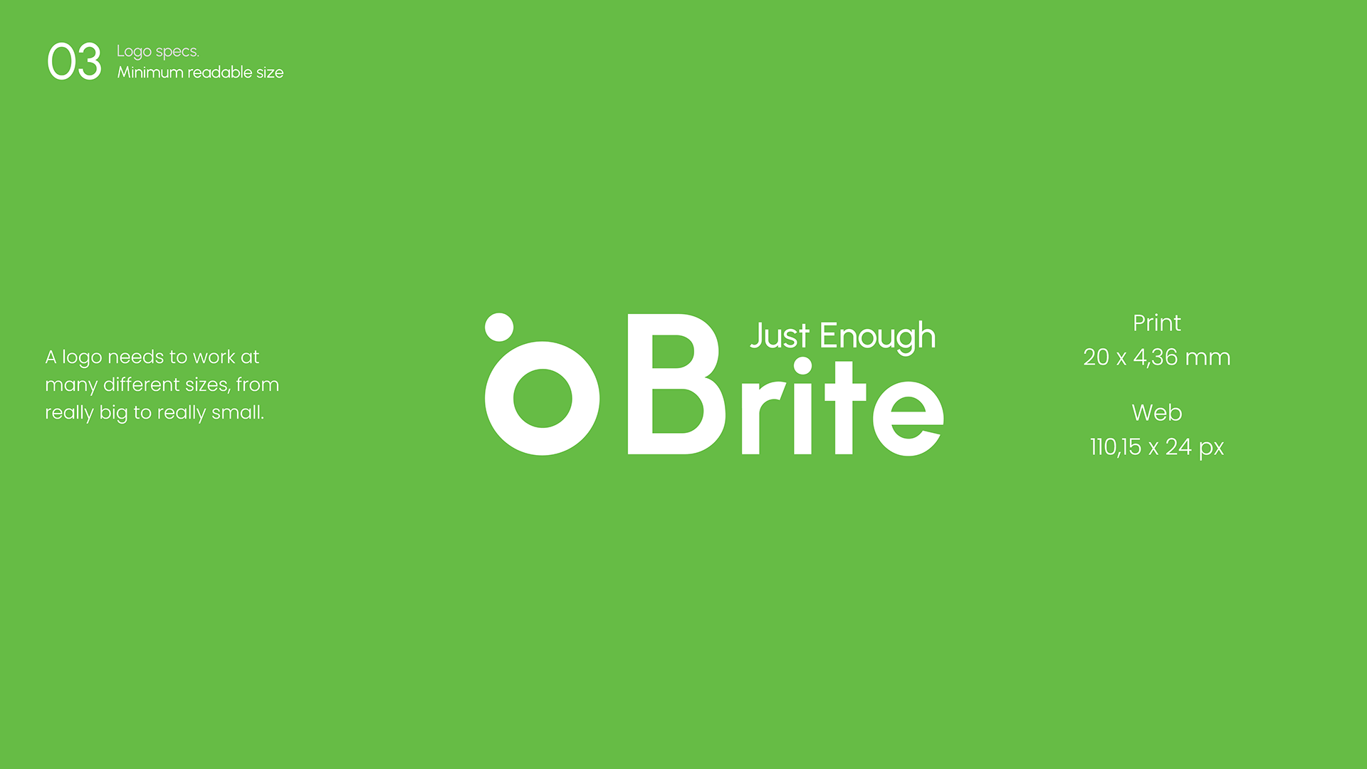 The Brite logo in white on green, with the minimum readable size for print and web