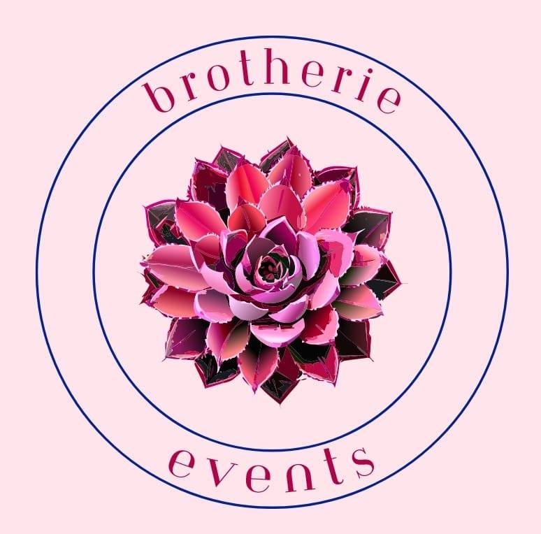 The Brotherie logo before the refinement: a pink succulent flower with ragged edges, between two circles, on a pink background