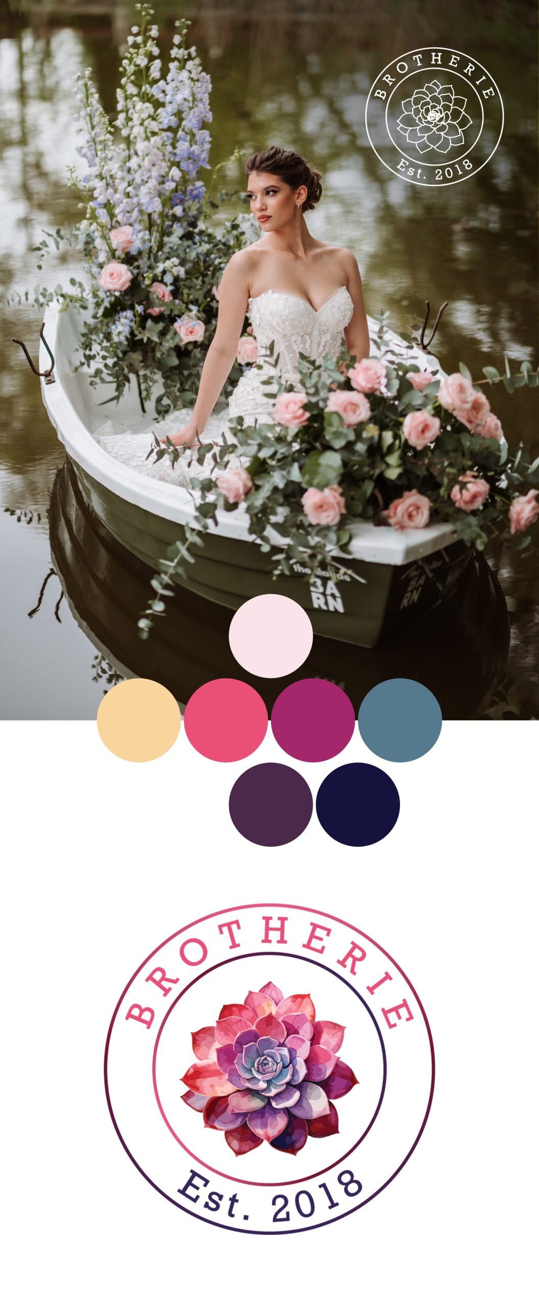 The refined Brotherie identity board: a bride in a boat full of flowers with the white logo in the corner, the six-colour palette in circles and the refined logo, with the succulent redrawn and “Est. 2018”