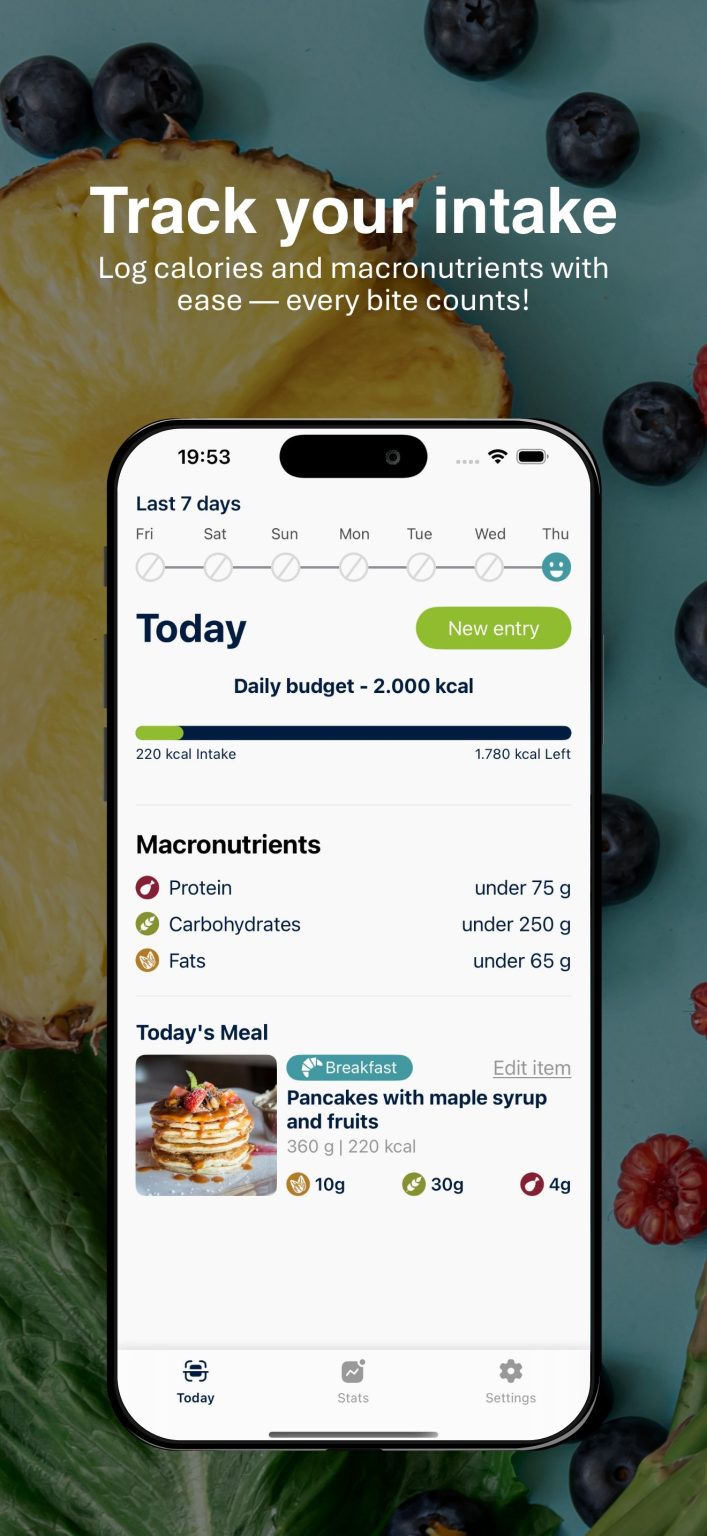 The day screen: calorie budget, macronutrients and today's meal