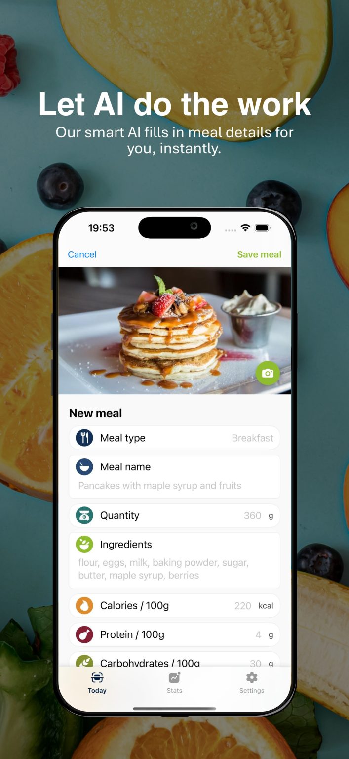A new meal, filled in by AI from the photo: type, name, quantity, ingredients, calories
