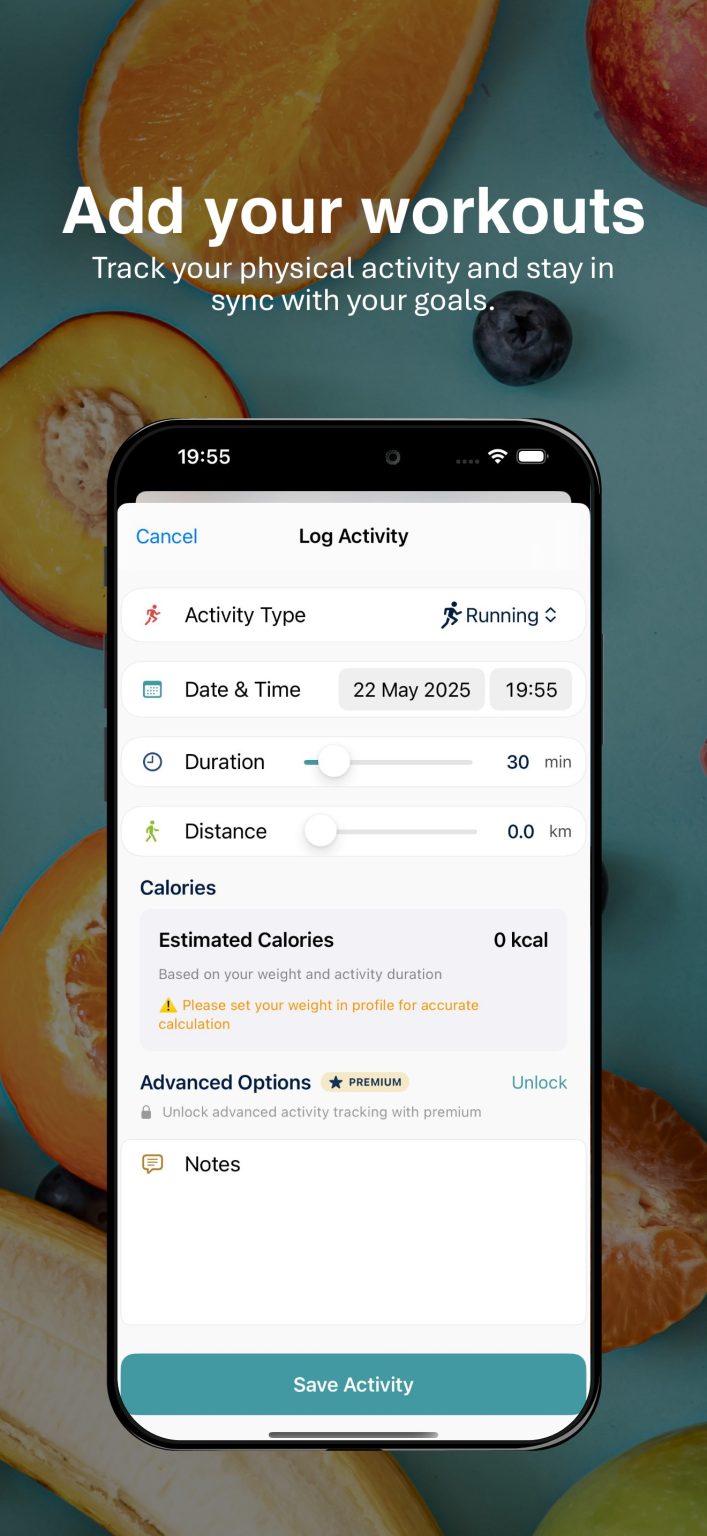 A workout logged: type, duration, distance and estimated calories