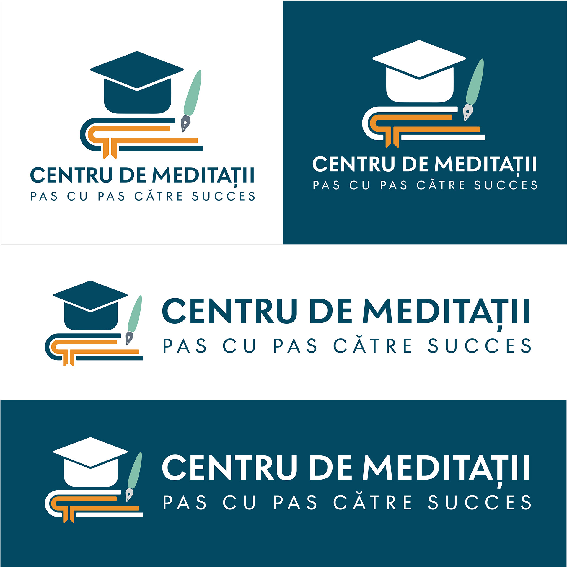The “Centru de meditații” logo, with a graduation cap, books and a pen, in stacked and horizontal versions, on white and on dark blue
