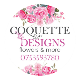 The Coquette Designs logo before the refinement: the name set between two garlands of pink watercolour roses