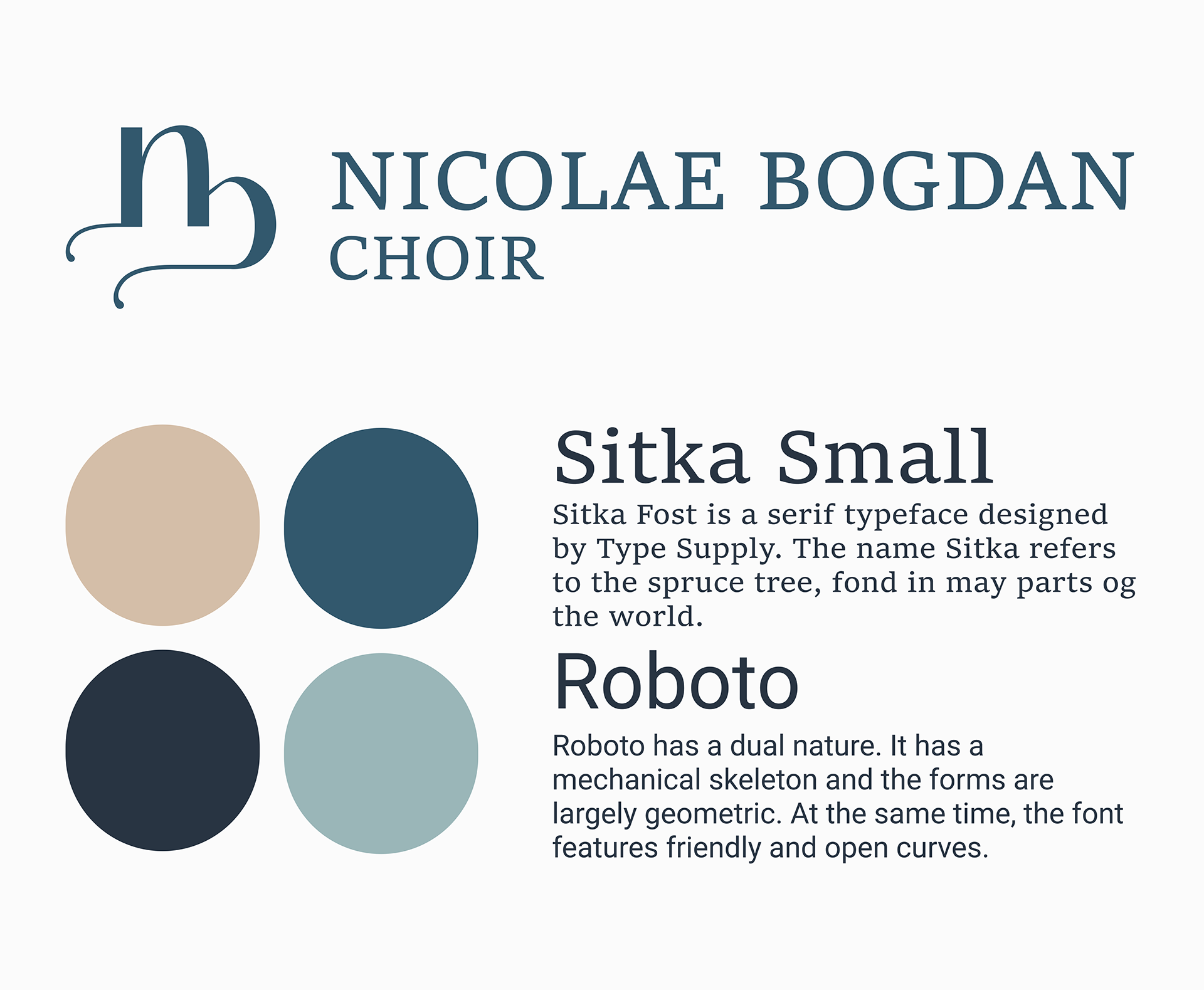 The Nicolae Bogdan Choir logo with its “nb” monogram, the four-colour palette and the Sitka Small and Roboto typefaces