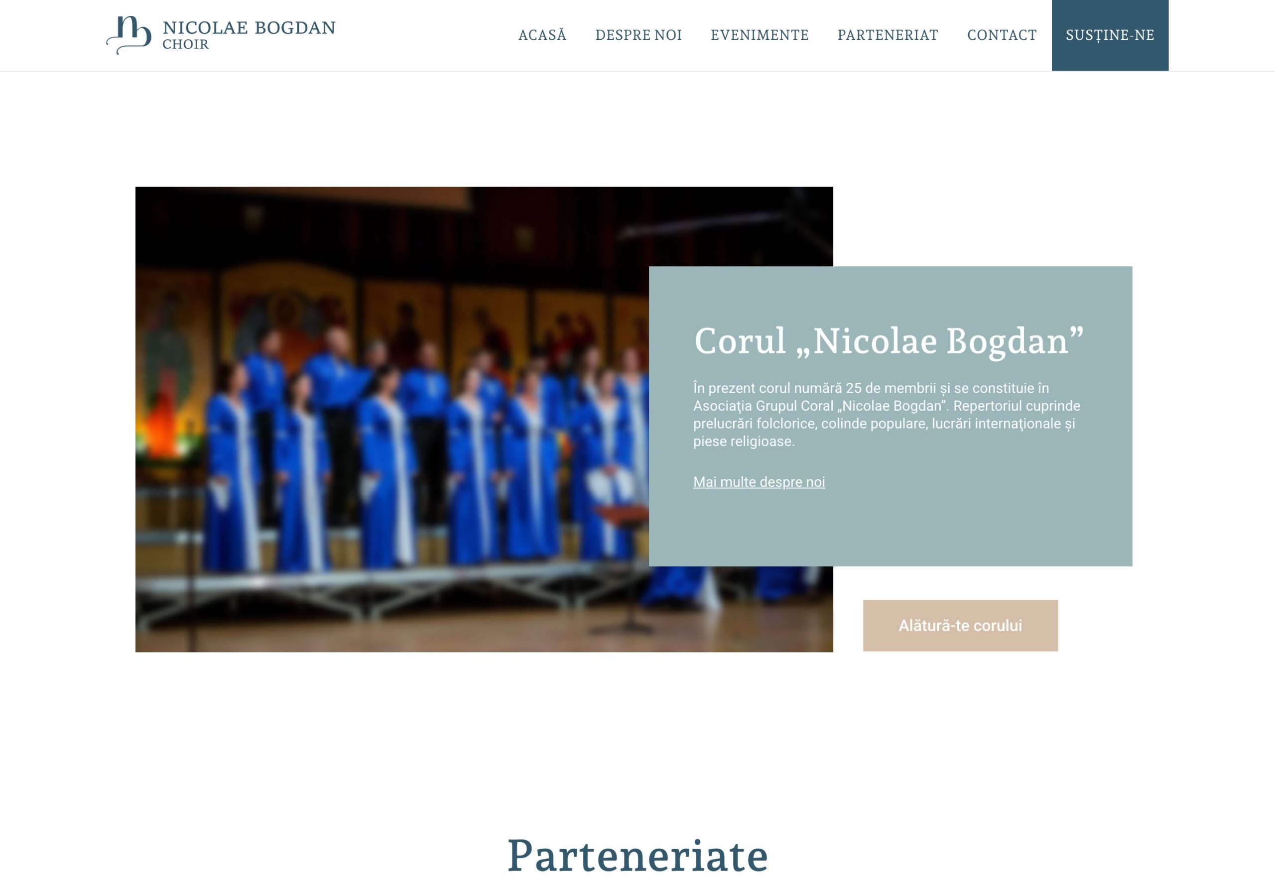 The home page of the Nicolae Bogdan Choir website, with the logo in the menu, a photo of the choir on stage and the “Join the choir” button