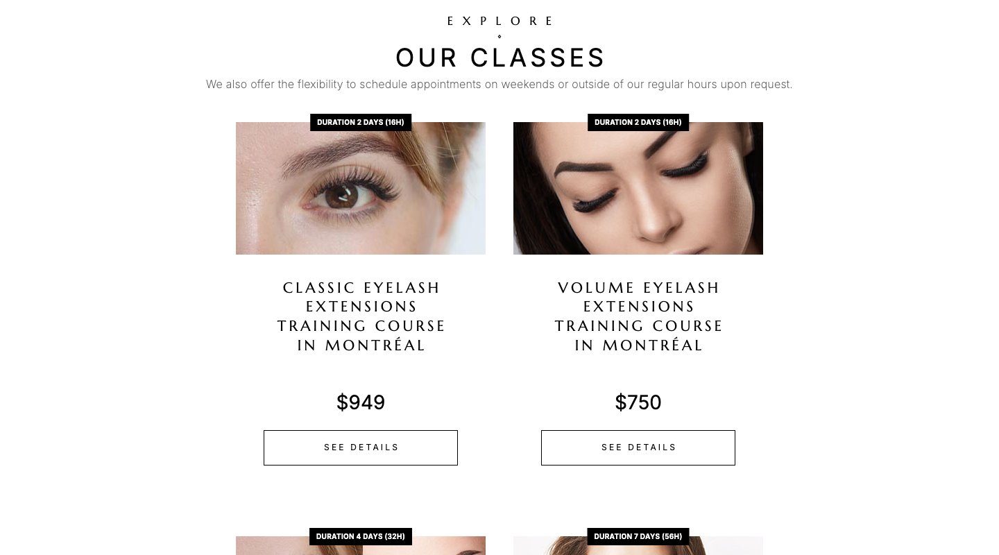 The classes page: the “Our classes” heading and the eyelash extension course cards, each with duration, price and a See details button