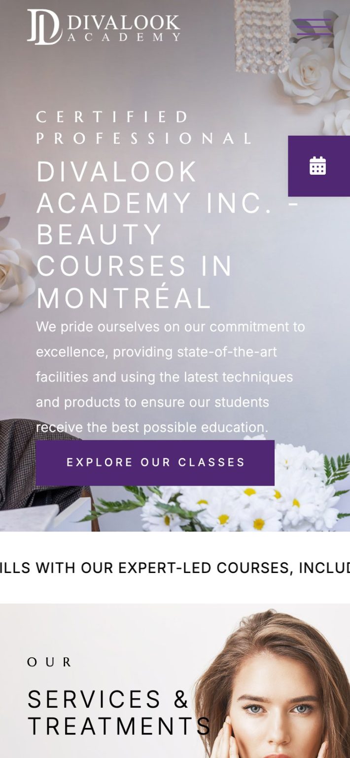 Divalook Academy on a phone: the opening screen, with the headline “Divalook Academy Inc. – Beauty Courses in Montréal” and the Explore our classes button