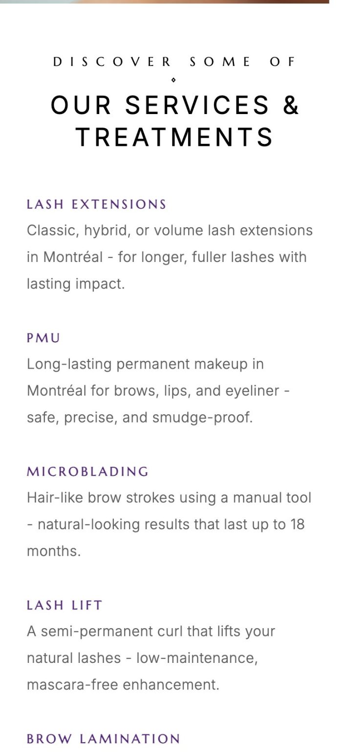 Divalook Academy on a phone: the list of services and treatments, from lash extensions to microblading