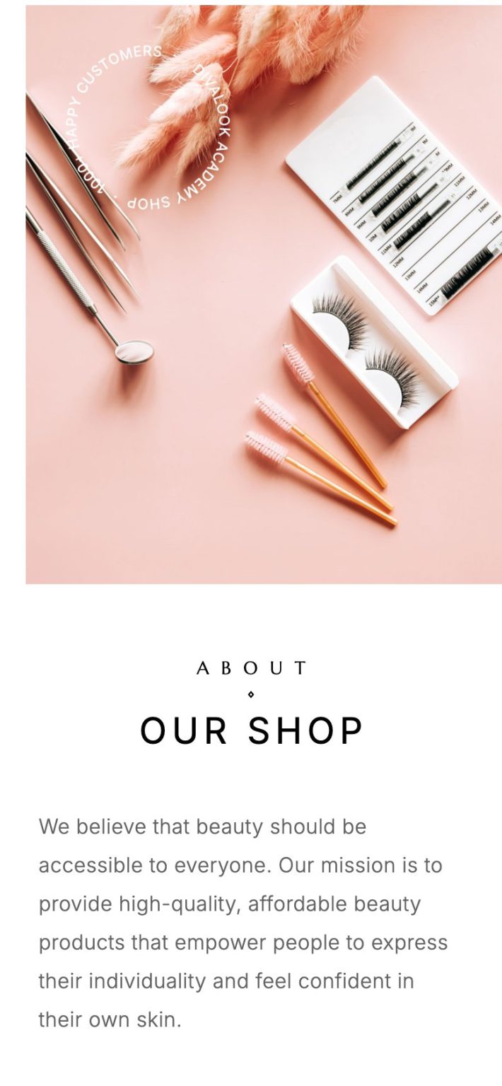Divalook Academy on a phone: the “About our shop” section, with a product photograph on a pink background