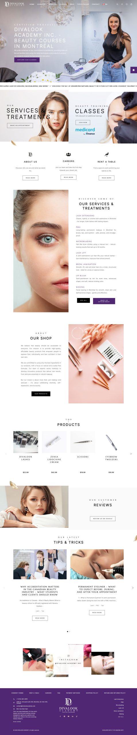 The Divalook Academy homepage, top to bottom: the “Beauty Courses in Montréal” opening, the entries to services and classes, the list of treatments, the shop introduction, the products, the reviews, the articles and the purple footer