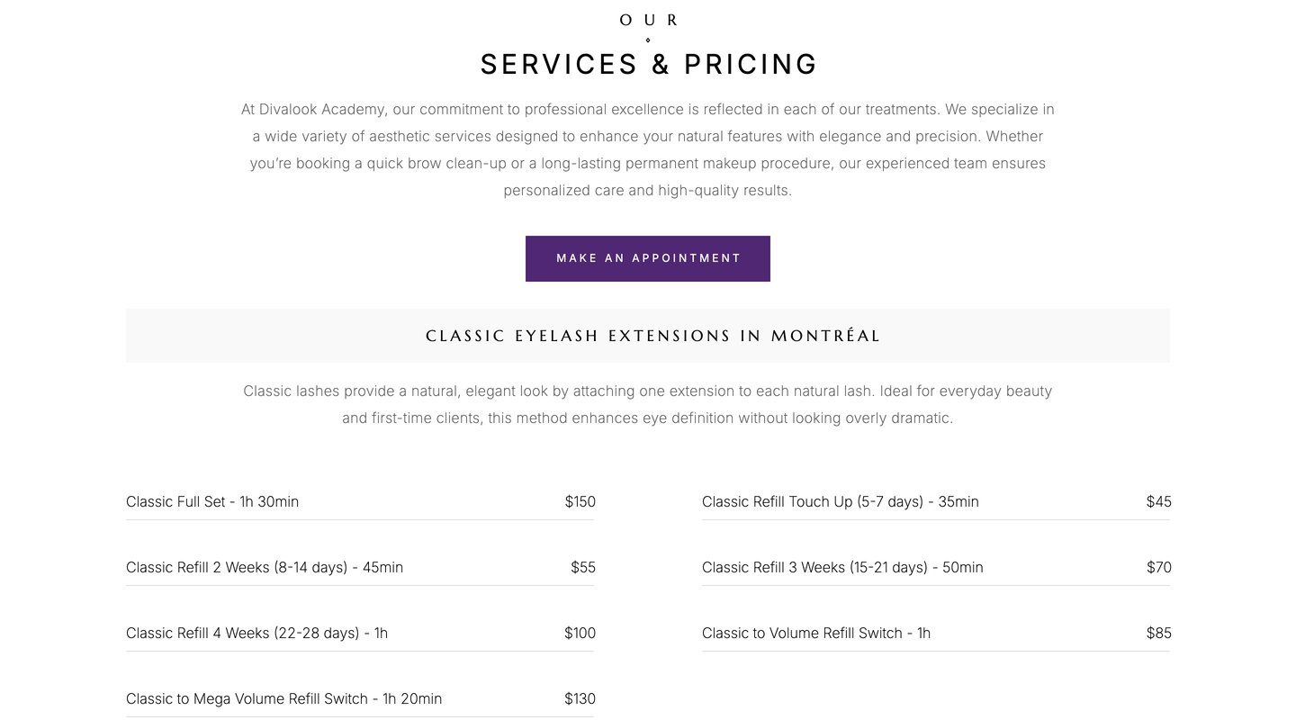 The services page: the “Our Services & Pricing” heading, the booking button and the price list for classic lash extensions, each with its duration and price