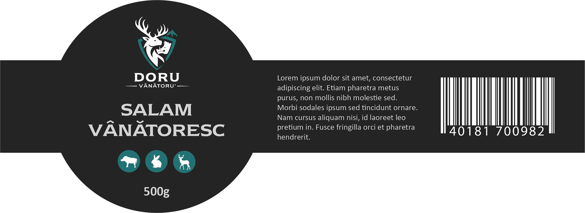 The flat label for “Salam vânătoresc”, 500 g: a black band with a round medallion, the logo, game icons and the barcode