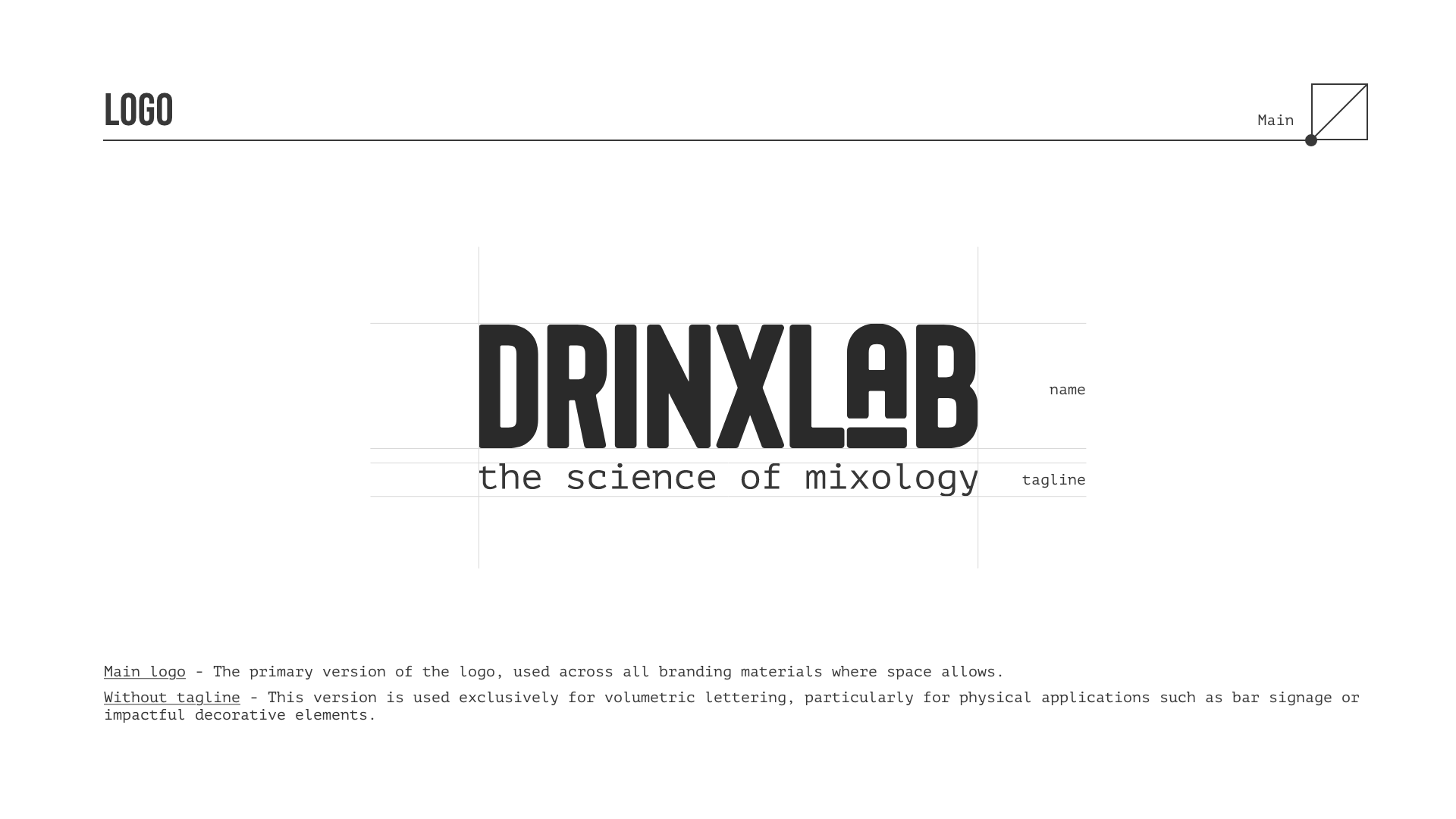 The main Drinxlab logo with the tagline “the science of mixology”, on its construction grid