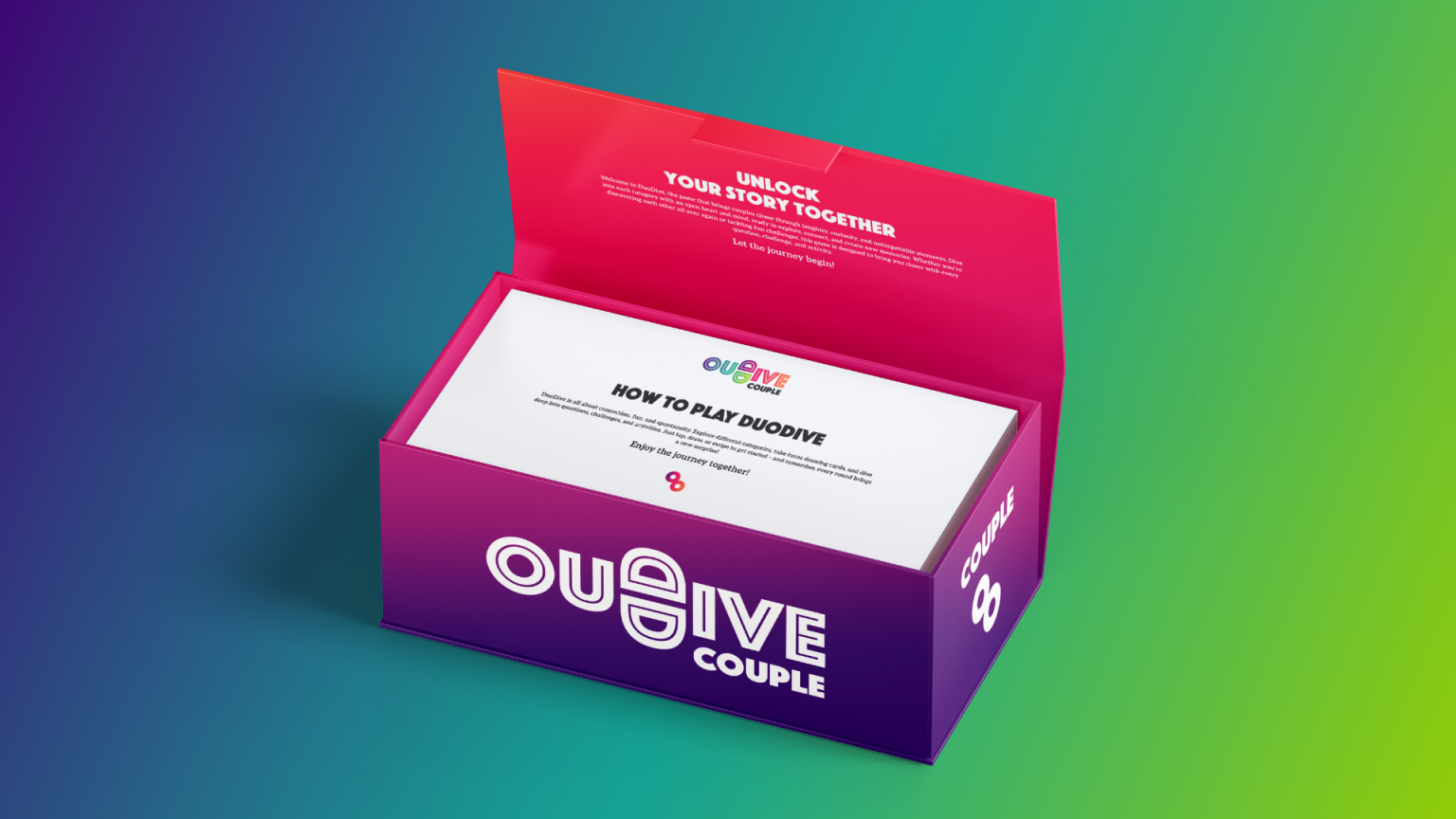 The DuoDive Couple box, open, with the how-to-play card on top