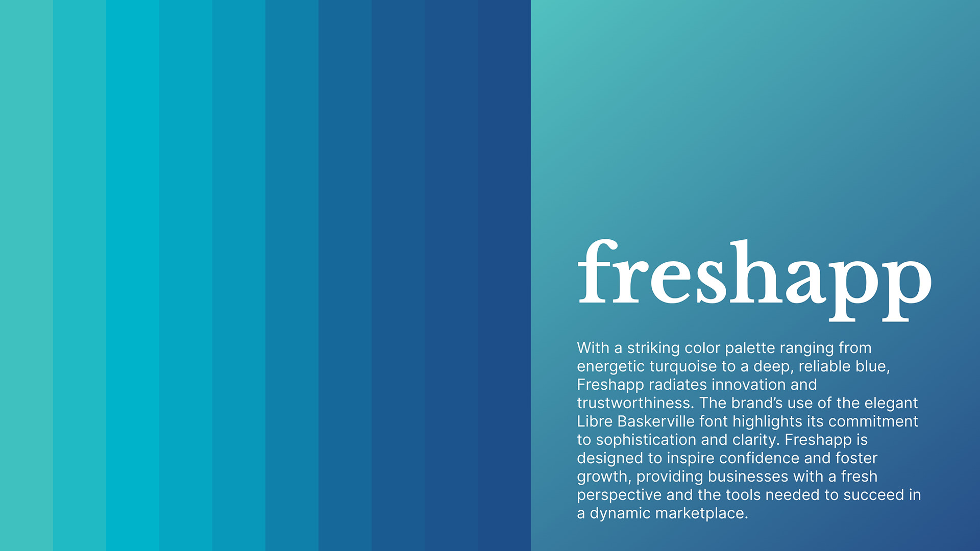 The Freshapp serif logotype, white on a turquoise-to-blue gradient, beside the palette stripes running from turquoise to deep blue