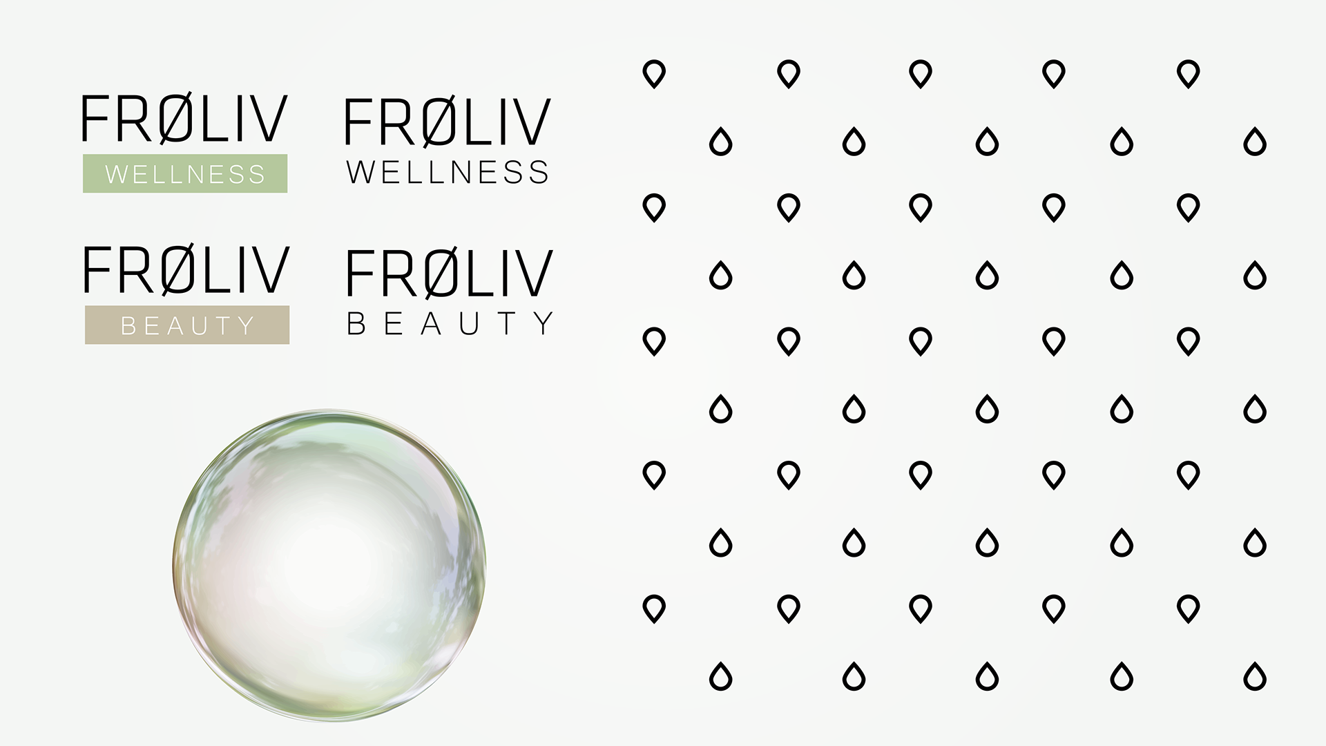 The Froliv logo in its Wellness version, on green, and its Beauty version, on beige, the brand's iridescent bubble and the repeating droplet pattern