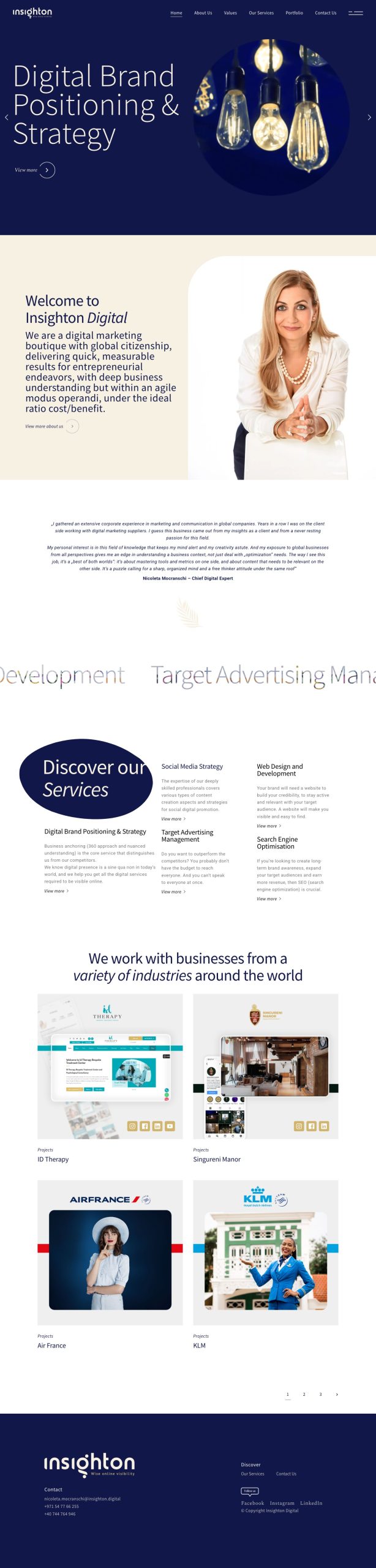 The Insighton Digital homepage, top to bottom: the “Digital Brand Positioning & Strategy” slider on dark blue, the agency introduction, the services, the portfolio projects and the footer with contact details