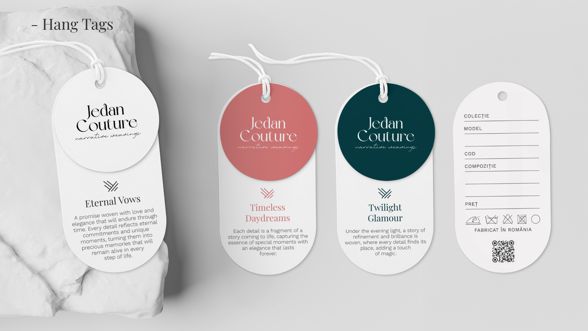 Dress labels in three colours (Eternal Vows, Timeless Daydreams, Twilight Glamour) and the care label with model, code and composition