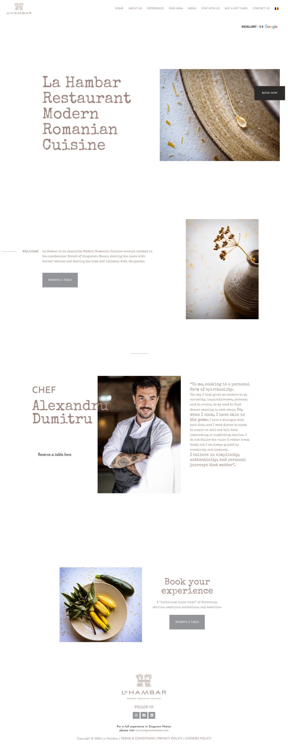 The La Hambar homepage, top to bottom: the headline and detail photographs, the welcome text, the chef section, the booking invitation and the footer with the logo