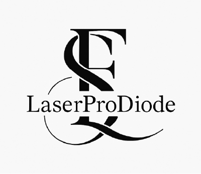 The LaserProDiode logo before the refinement: a black calligraphic monogram above the name, on white