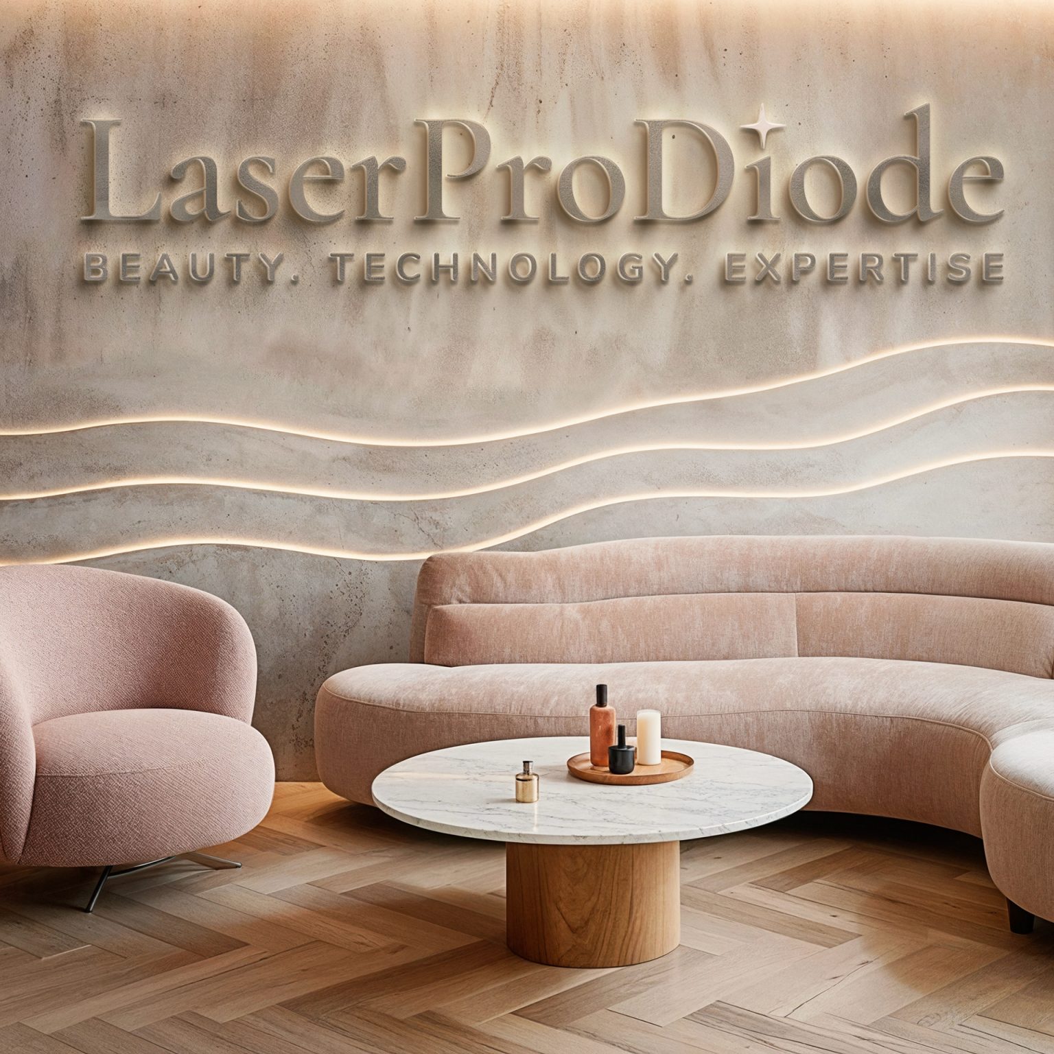 The redrawn LaserProDiode logo, with the line “Beauty. Technology. Expertise.”, as raised lettering on the wall of a waiting room with pink sofas
