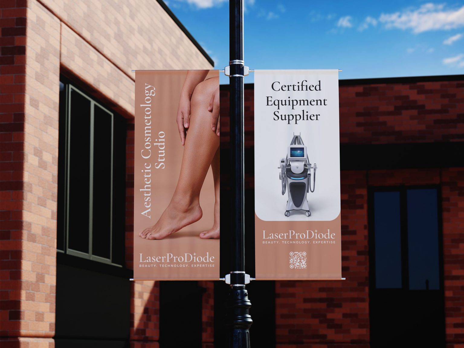 Two LaserProDiode outdoor banners on a pole: “Aesthetic Cosmetology Studio” and “Certified Equipment Supplier”, in warm terracotta tones