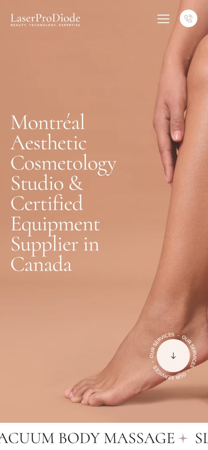 LaserProDiode on a phone: the opening screen, with the headline “Montréal Aesthetic Cosmetology Studio & Certified Equipment Supplier in Canada”
