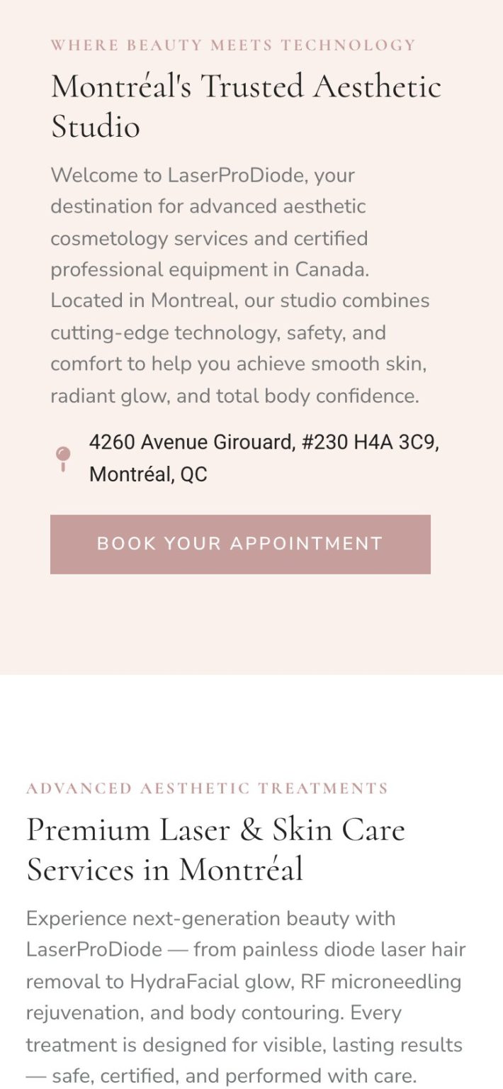 LaserProDiode on a phone: the studio introduction, with the address and the Book your appointment button