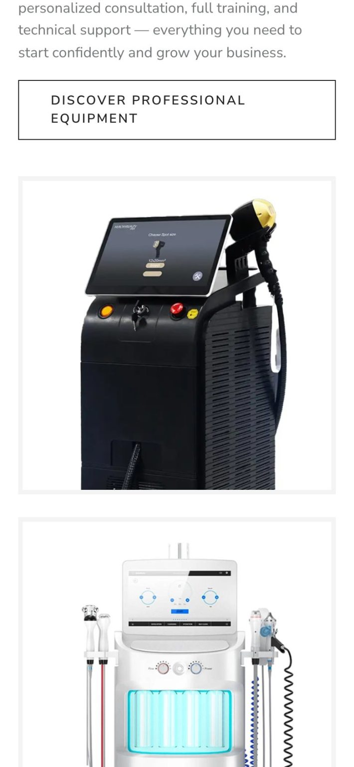 LaserProDiode on a phone: the section for professionals, with the Discover professional equipment button and a certified device