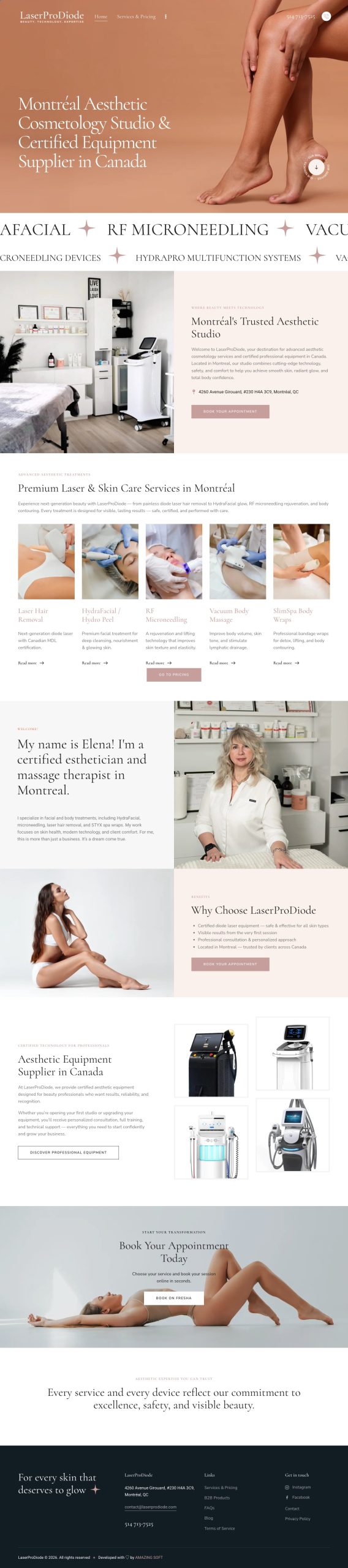 The LaserProDiode homepage, top to bottom: the terracotta opening, the introduction to the Montréal studio, the laser and skin care services, the section for professionals with the certified devices, and booking