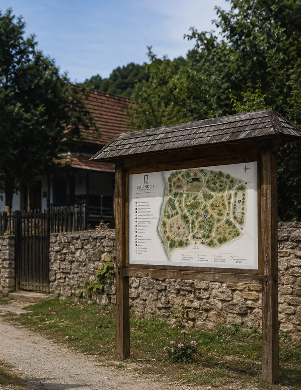 Wooden board with a shingle roof showing the festival map and the Legendele Gorjului emblem, beside a stone wall