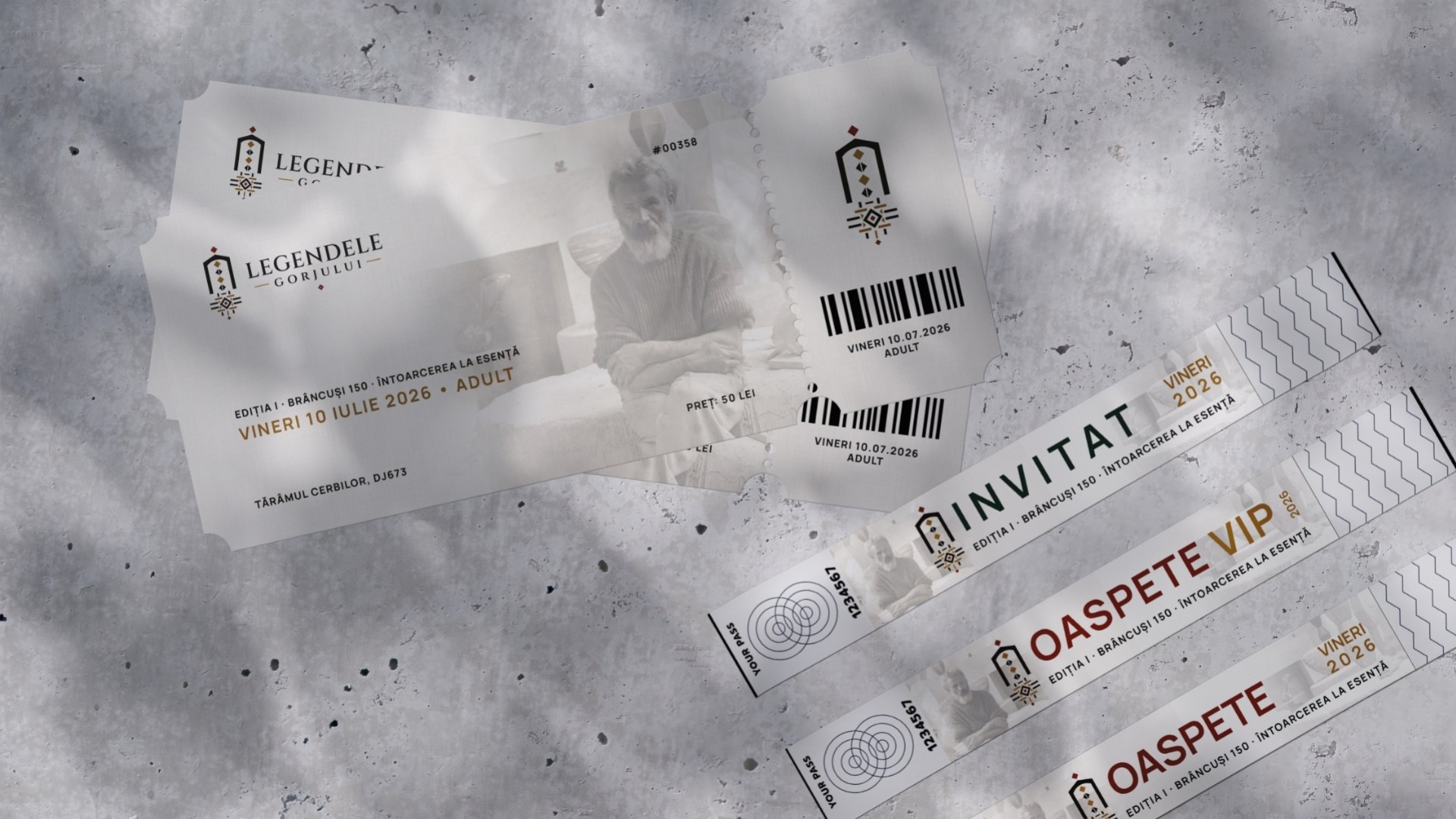 Admission tickets and “Invitat”, “Oaspete VIP” and “Oaspete” access wristbands, with the Legendele Gorjului emblem and the “Brâncuși 150 · A Return to Essence” theme