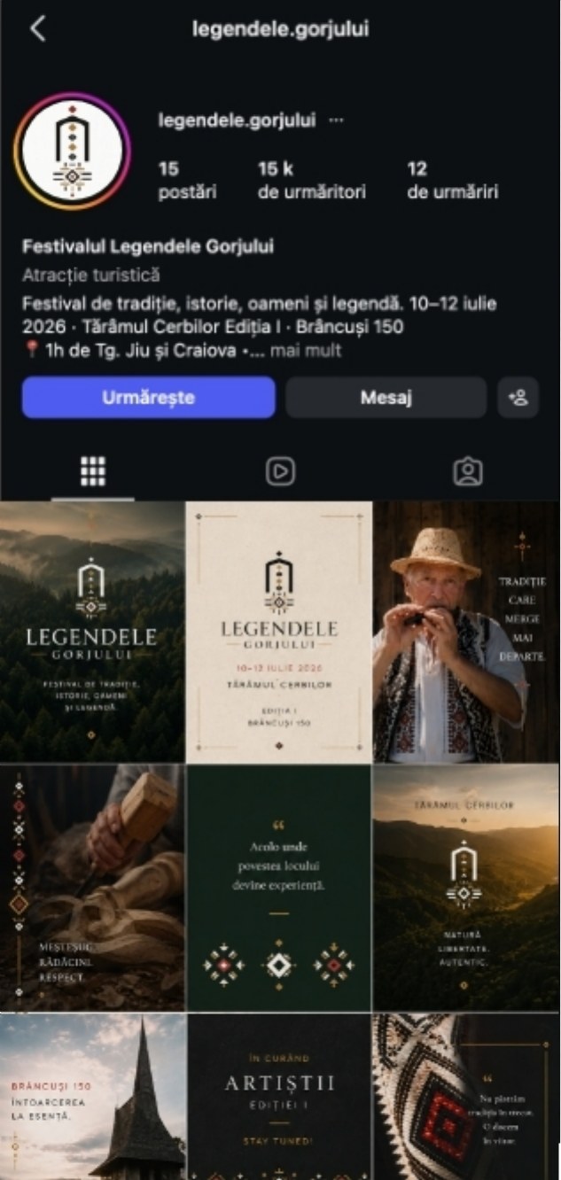The festival's Instagram profile, with posts in the Legendele Gorjului colours and emblem