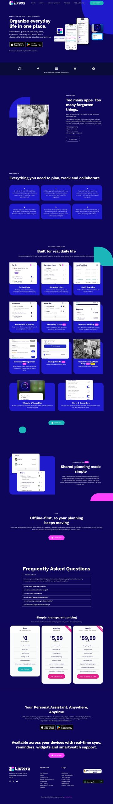 The listero.app homepage: the headline “Organize everyday life in one place”, the App Store and Google Play buttons and the app's features