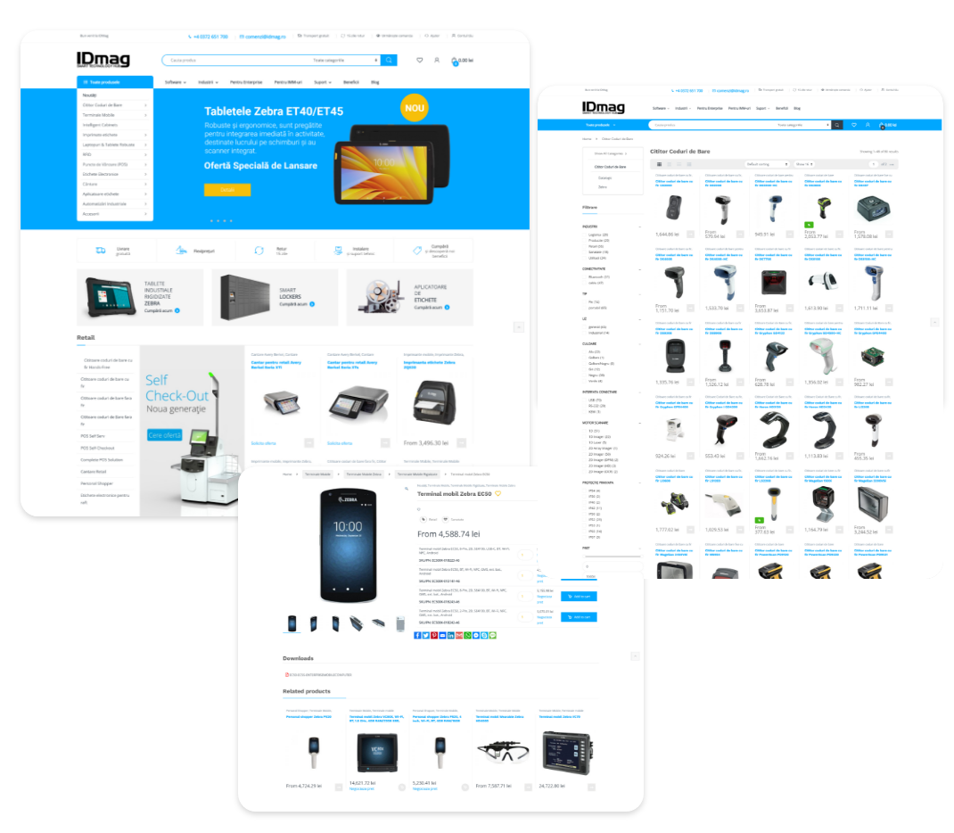 Three archived screenshots of the idmag shop, on black: the homepage with a tablet offer, a category listing with filters and dozens of products, and a product page with price and specifications
