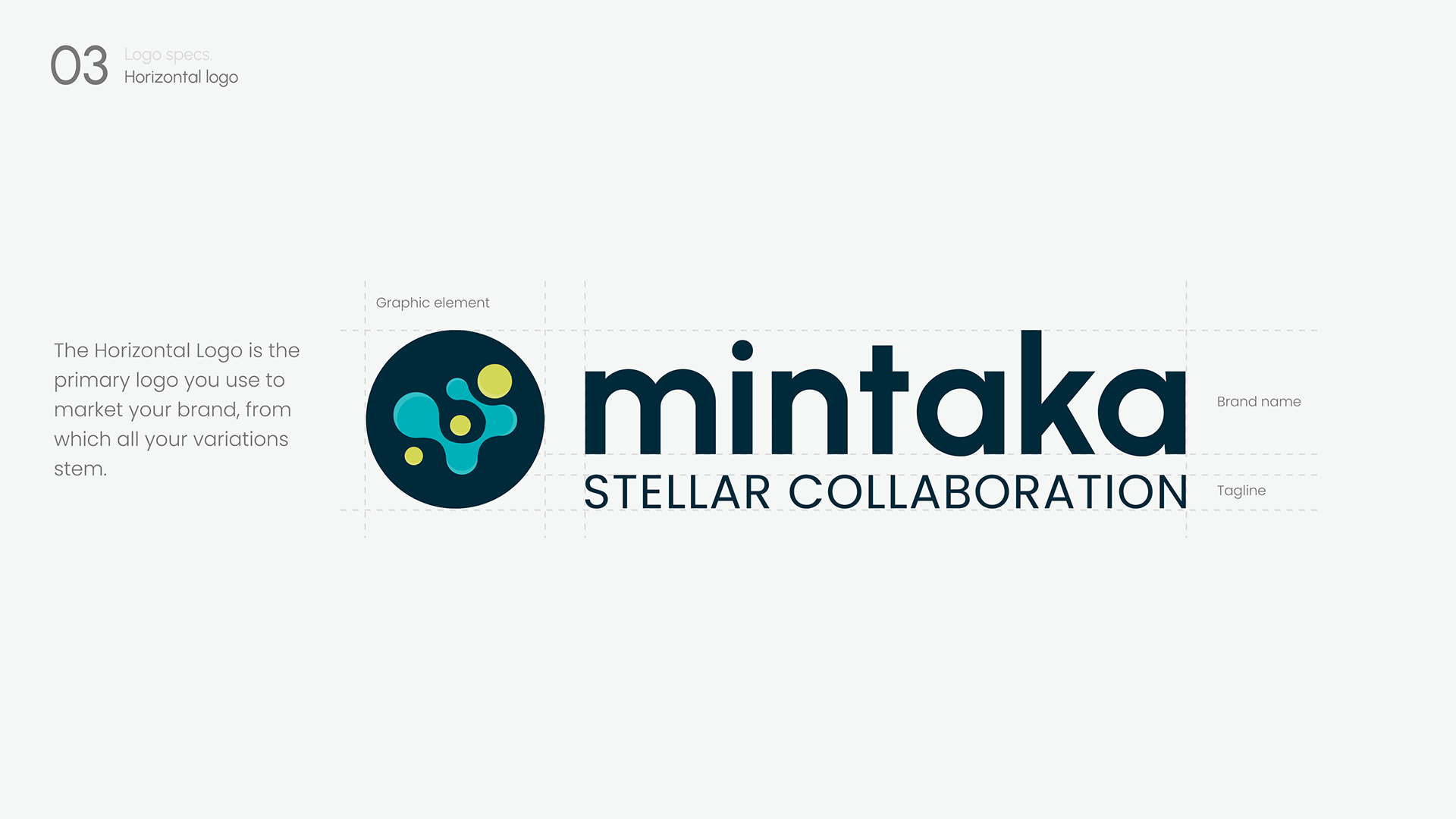 The horizontal Mintaka logo, with the turquoise and yellow symbol and the tagline “Stellar Collaboration”, on its construction grid
