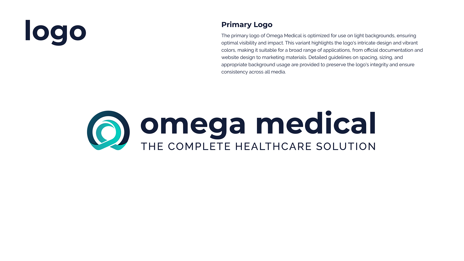 The primary logo page for Omega Medical, with the turquoise omega symbol and the line “The Complete Healthcare Solution”
