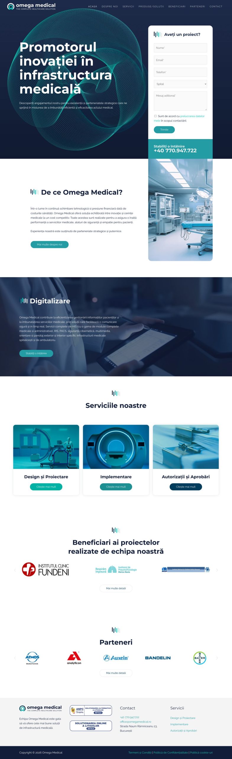 The Omega Medical home page: the headline “Promoting innovation in medical infrastructure” over the turquoise line illustration, the “Do you have a project?” form, then the sections on digitalisation, services, beneficiaries and partners