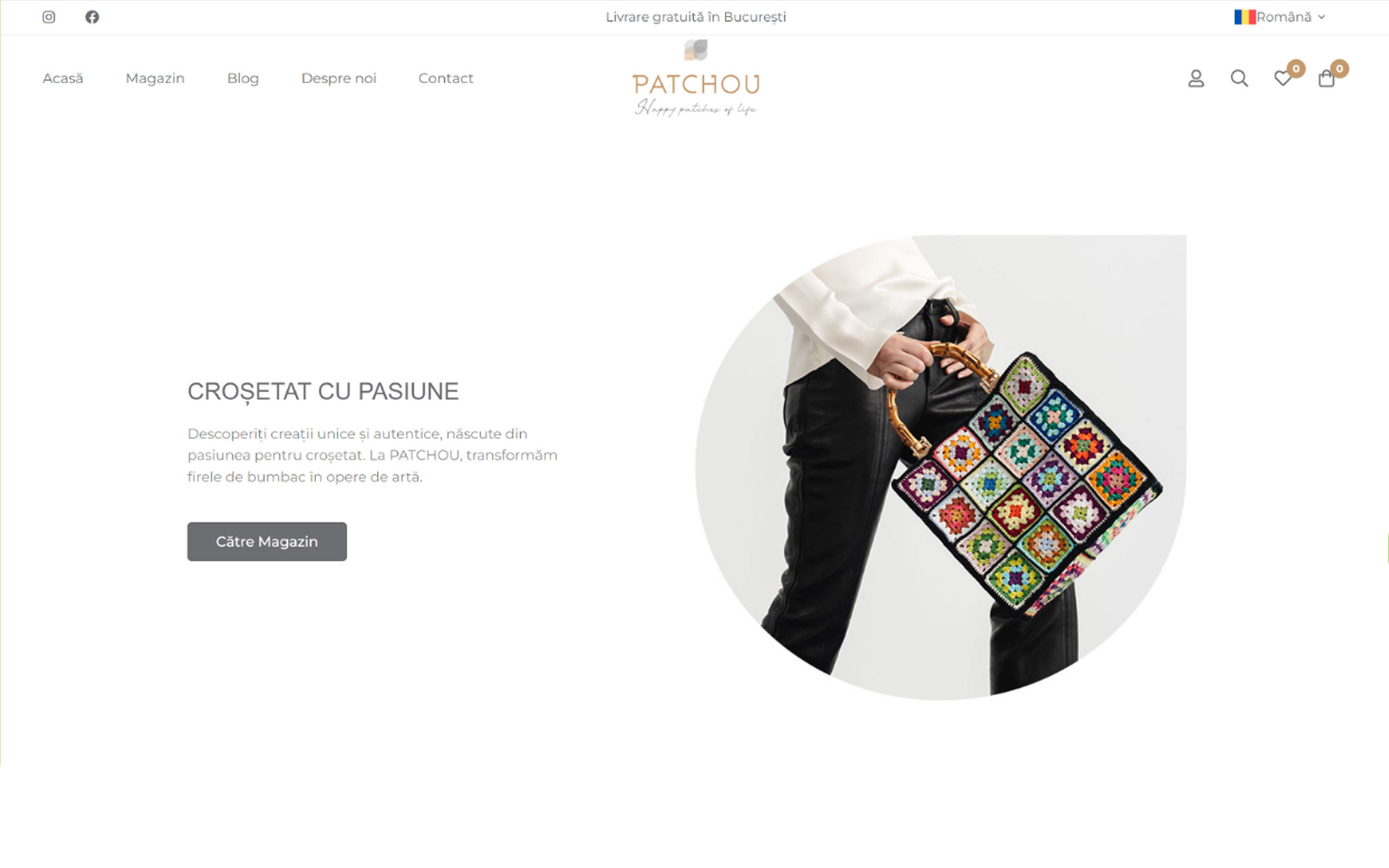 The Patchou shop homepage, from the archive: a simple menu, the Romanian headline about crocheting with passion, a button to the shop and a photograph of a bag crocheted from coloured squares, in a round crop