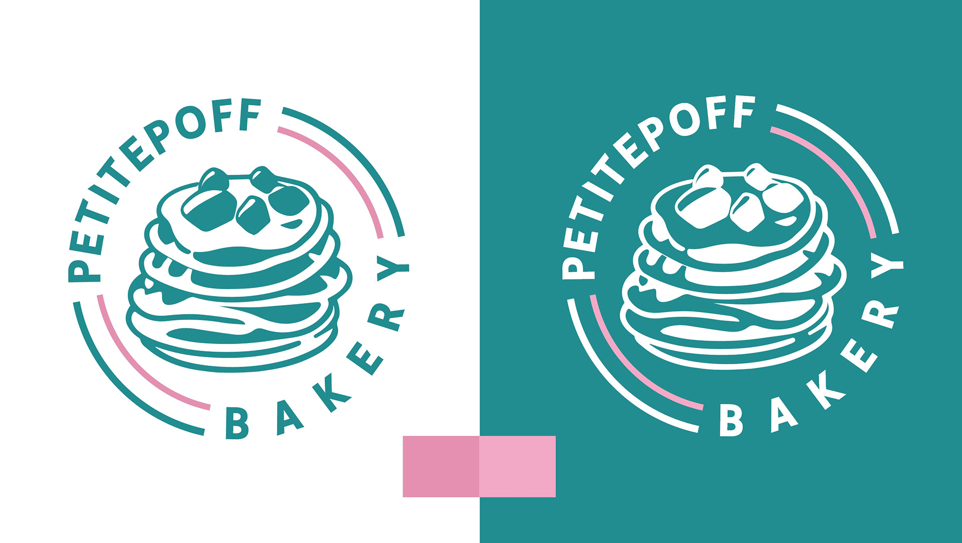 The PetitePoff Bakery logo (a stack of poffertjes inside a circle) in teal on white and white on teal, with the palette's pink accent
