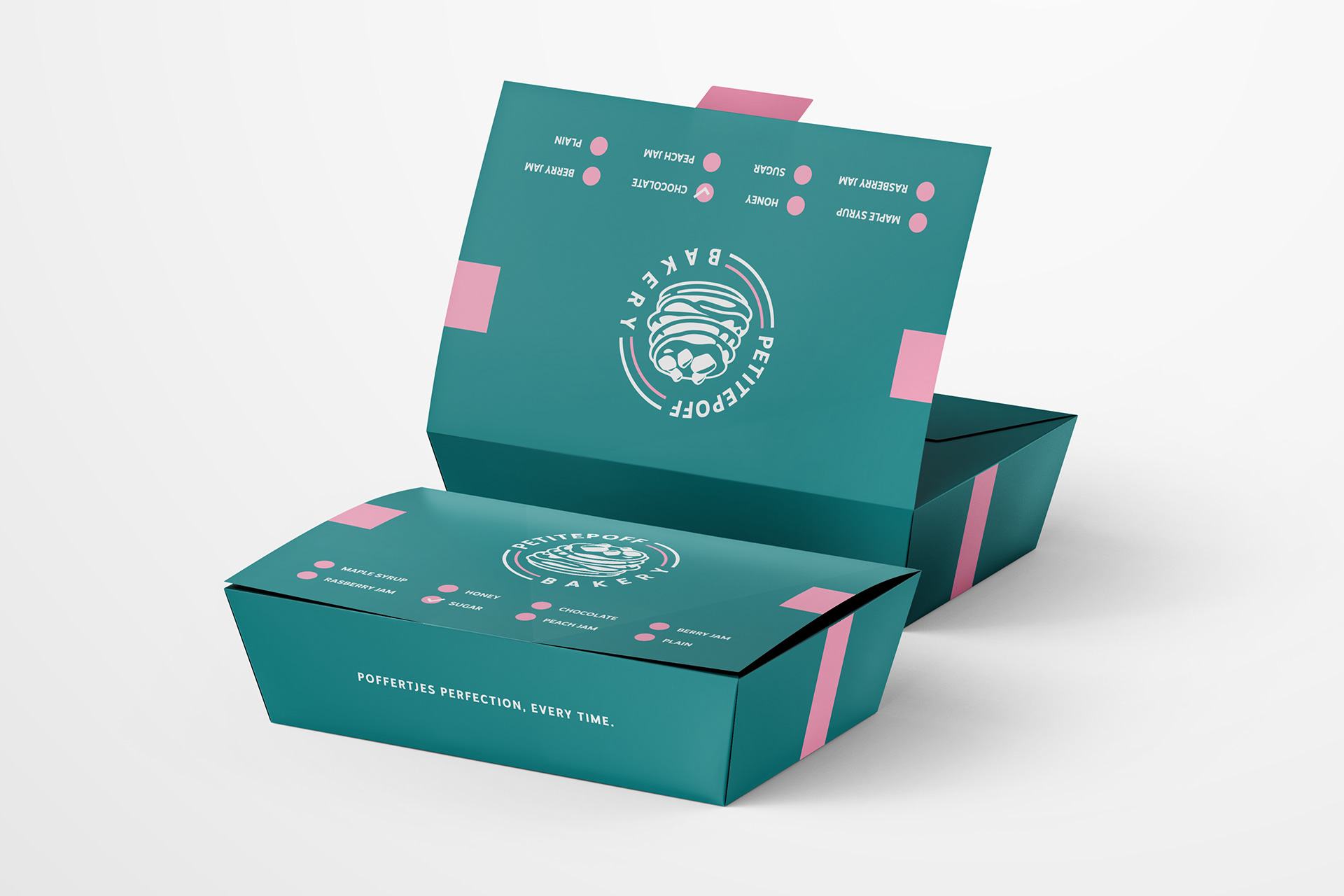 Teal product box with a hinged lid, pink bands, the logo on the lid and a tick-list of toppings