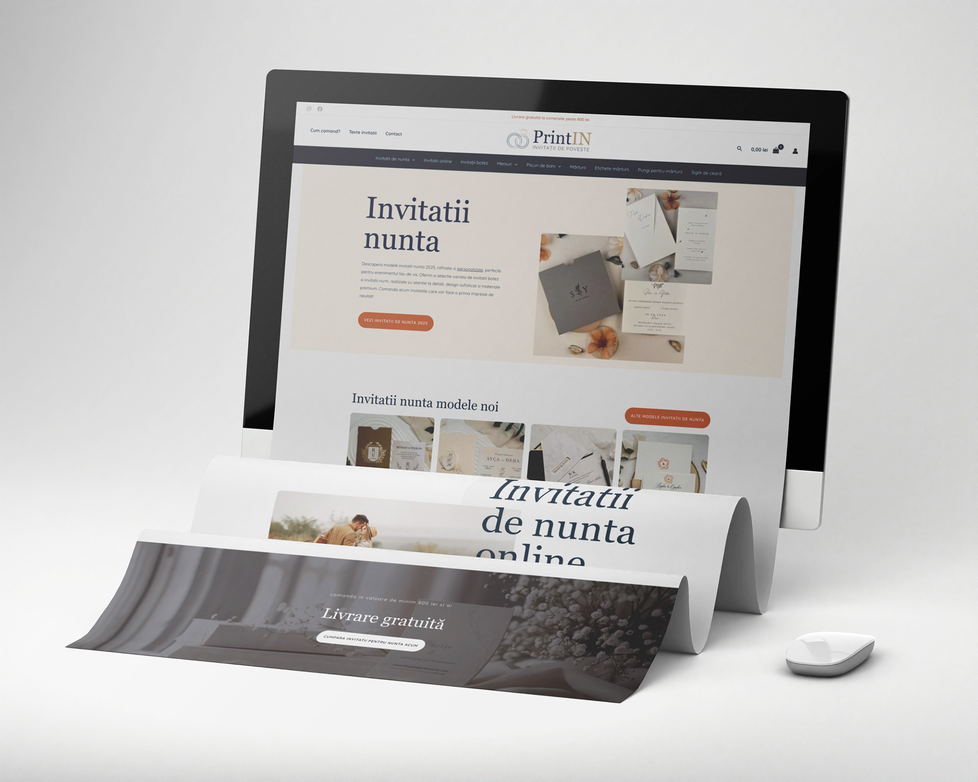 The Printinart online shop homepage, opening on wedding invitations, on a monitor, with the rest of the page unrolled like a sheet in front of it