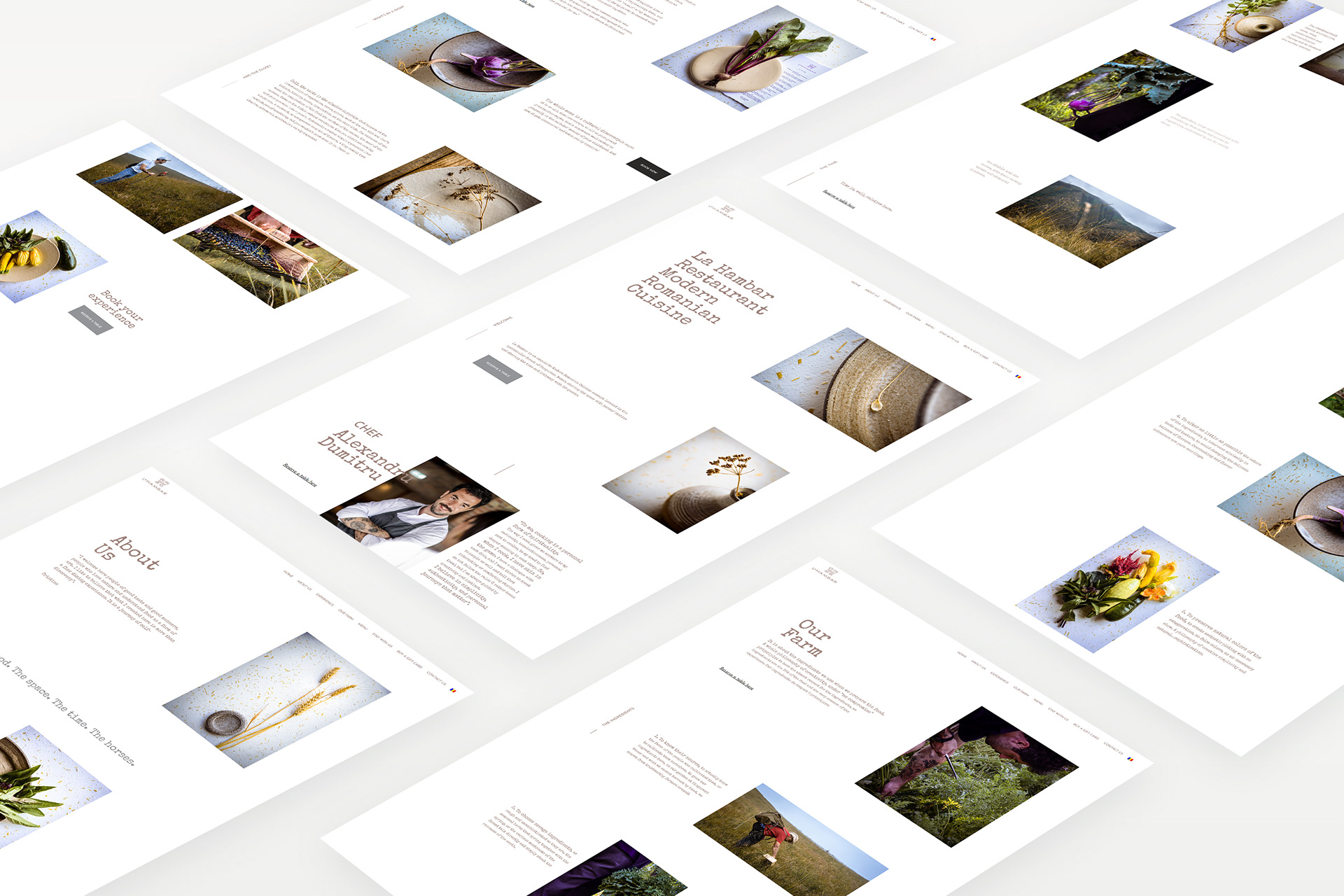 Presentation board with the La Hambar site pages laid out in perspective: homepage, About us, Experience and Our farm, with photographs of dishes and ingredients on white