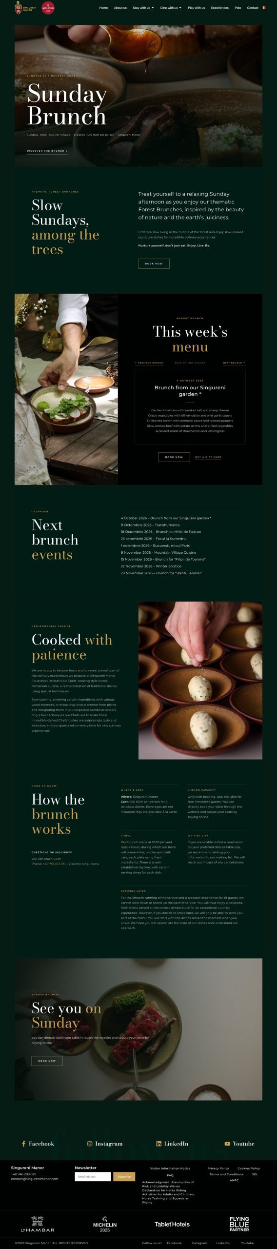 The Sunday Brunch page, top to bottom: the title over a photograph of sauce poured from a spoon, the “Slow Sundays, among the trees” introduction, this week’s menu with navigation between brunches, the list of upcoming brunches, the “Cooked with patience” section, the practical details, the “See you on Sunday” invitation and the footer with MICHELIN 2025