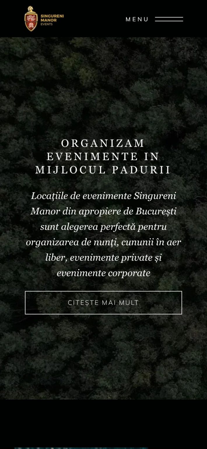 Singureni Manor Events on a phone: the opening screen, with the headline and the read-more button