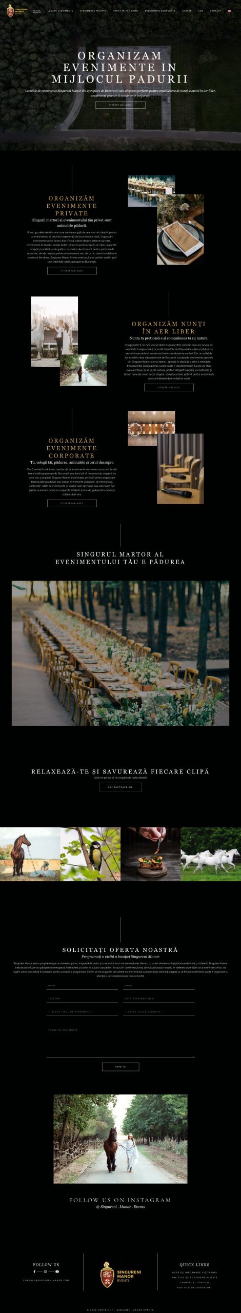 The Singureni Manor Events homepage, top to bottom, on black: private events, outdoor weddings, corporate events, the long table in the forest, the photo strip and the enquiry form